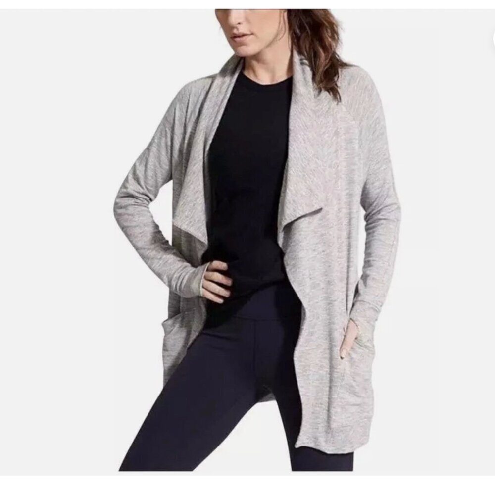 Athleta Studio Wrap Open Cardigan Waterfall Heather Gray Magnet closure sz L
